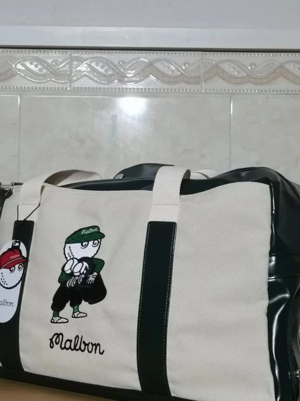 Malbon Golf Green White Travel Duffle Bag Weekender Carry Pre-owned